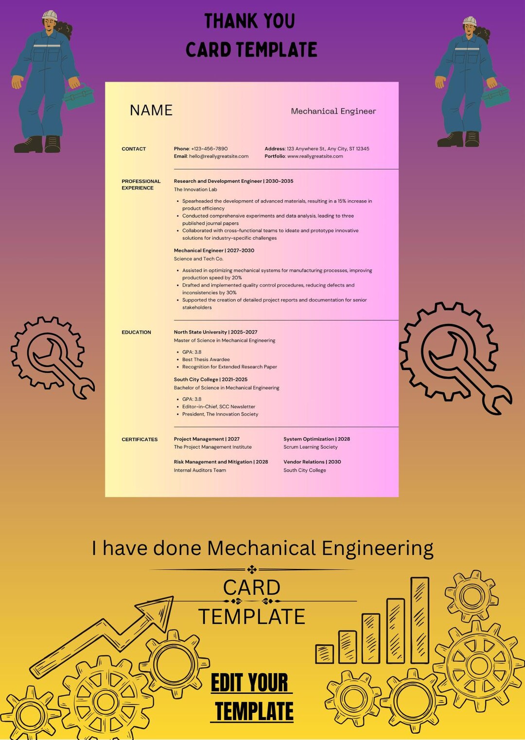 Editable Mechanical Engineer Thank You Card Template | Engineering ...