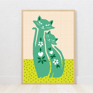 Vintage cats wall art, retro cat digital download print, Green cat pop art printable, Mid century modern wall art print, 60&#39;s retro wall art
