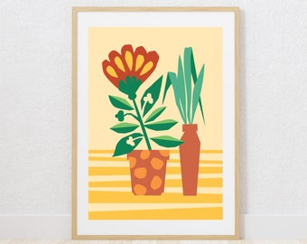 Boho botanical digital print, flower pot art print, digital download wall art, floral art, boho, scandi, minimalist style, orange yellow