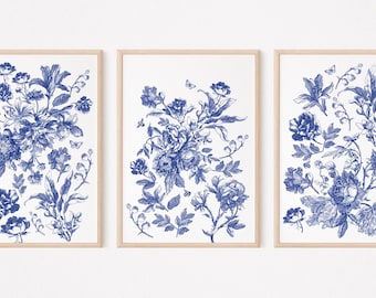 Set di stampe botaniche floreali blu: arte murale cineseria vintage (download digitale)