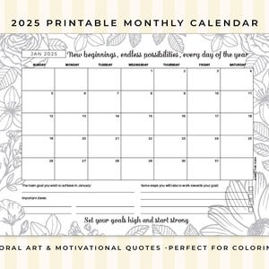 2025 Kalender - Malseiten für Erwachsene - Motivierende Positive Zitate - Druckbarer Monatskalender - Malseiten für Erwachsene - A4 - Letter