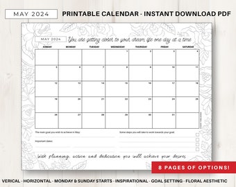 MAY 2024 Monthly Calendar, Instant Download, Printable A4 & US Letter PDF, Monday/Sunday Start, Inspirational Quotes, Floral Aesthetic