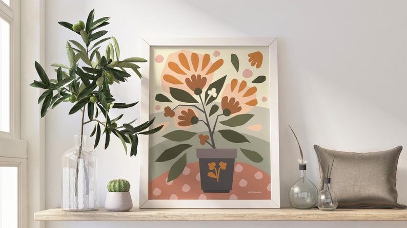 Abstract botanical art, flower pot art print, digital download wall art, floral art, boho, scandi, minimalist style, Bright colored wall art image 3