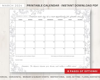 March 2024 Monthly Calendar, Instant Download, Printable A4 & US Letter PDF, Monday/Sunday Start, Inspirational Quotes, Floral Aesthetic