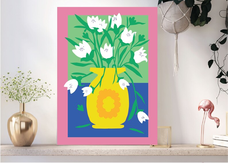 Impression dart floral, téléchargement numérique dart mural, art floral audacieux et lumineux, boho, scandi, style minimaliste, rose, vert, bleu jaune image 3