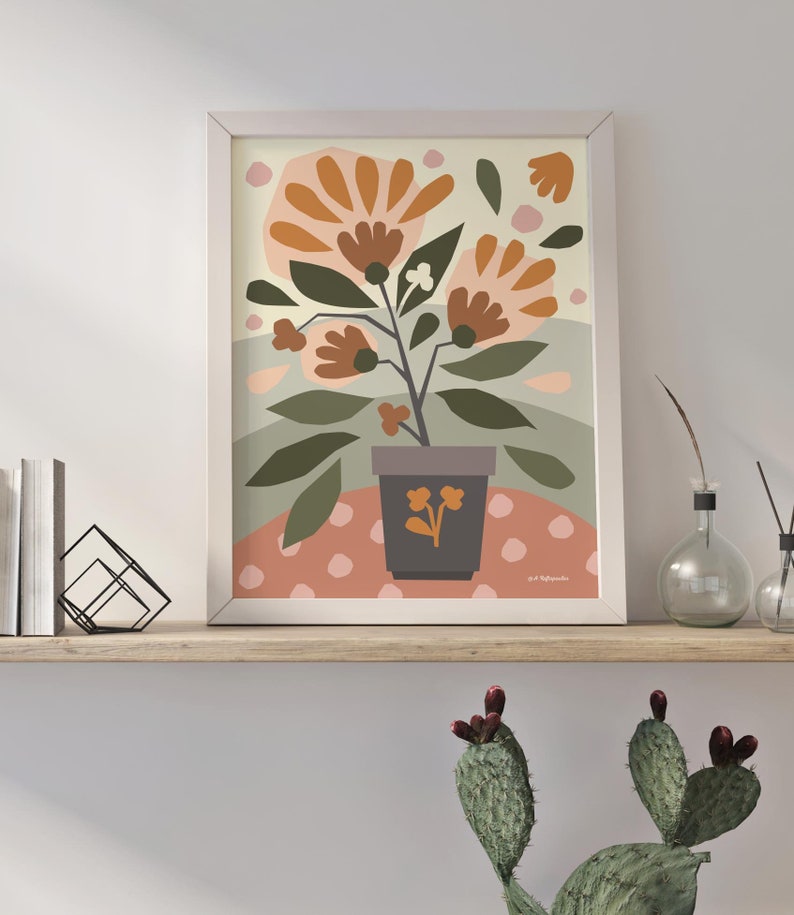 Abstract botanical art, flower pot art print, digital download wall art, floral art, boho, scandi, minimalist style, Bright colored wall art image 5