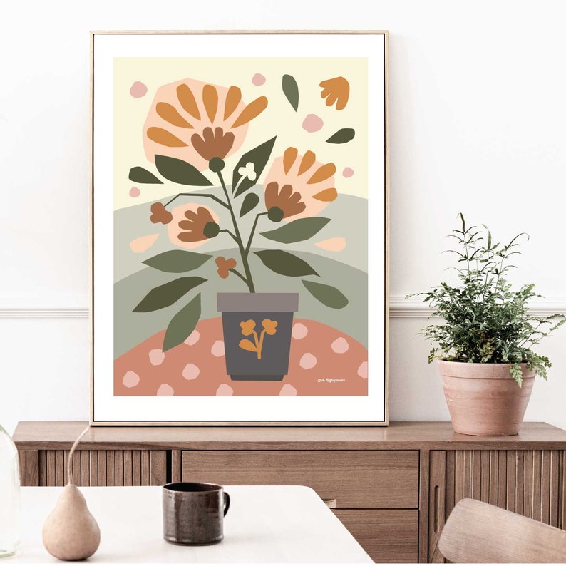 Abstract botanical art, flower pot art print, digital download wall art, floral art, boho, scandi, minimalist style, Bright colored wall art image 2