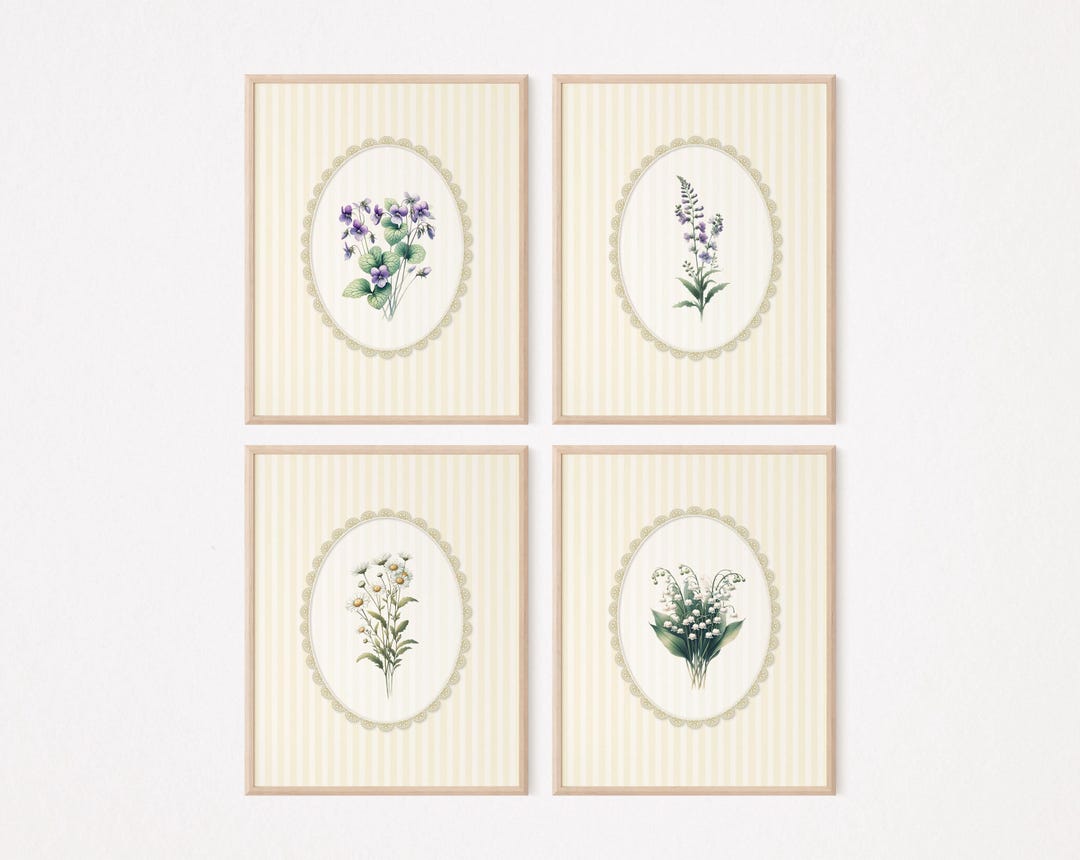 Botanical Art Prints Set: Striped Cottagecore Floral Wall Decor ...