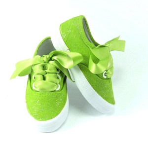 Avocado Green Glitter Shoes, Sparkle Sneakers Hand Painted for Baby or Toddler