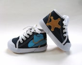 Cowboy Shoes, Western Theme Navy Blue Hi Top Sneakers Hand Painted for Baby or Toddler