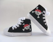 Pirate Shoes, Skull and Crossbones on Black Hi Top Sneakers  Hand Painted for Baby or Toddler