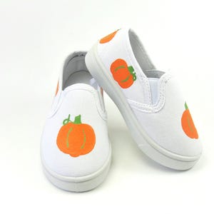 Pumpkin Slip On Shoes, Thanksgiving Hand Painted White Toddler Sneakers