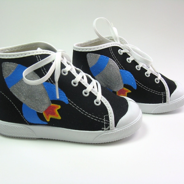 Rocket Ship Shoes, Black Hi Top Spaceship Sneakers Hand Painted for Toddlers, Size 5