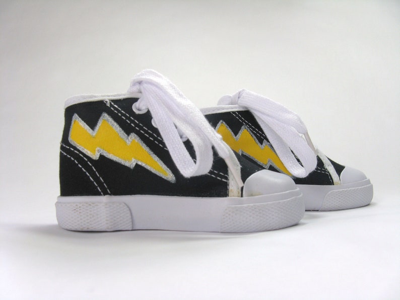 Hero Shoes with Lightning Bolt, Hand Painted Black Hi Top Baby Sneakers image 5