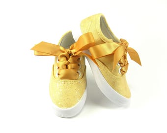 Gold Glitter Shoes, Sparkled Sneakers Hand Painted for Babies and