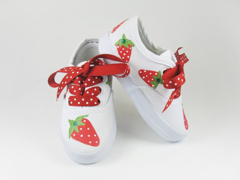 Strawberry Shoes, Berry Sweet Birthday Sneakers Hand Painted For Baby or Toddler image 1