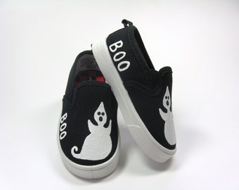 Ghost Shoes, Halloween Black Slip Ons Hand Painted For Toddlers