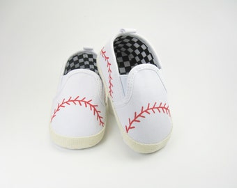 Baseball Crib Shoes, Slip On Mocs Hand Painted for Baby and Newborn