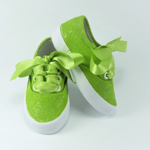 Avocado Green Glitter Shoes, Sparkled Sneakers Hand Painted for Baby or Toddler image 1