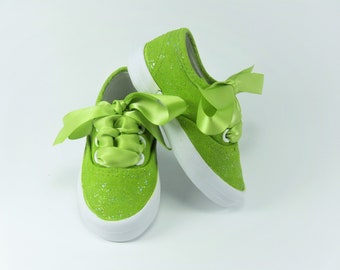 Avocado Green Glitter Shoes, Sparkled Sneakers Hand Painted for Baby or Toddler