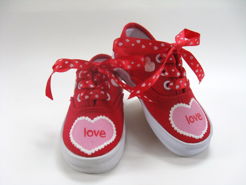 Valentine's Day Shoes Hearts on Red Sneakers  Hand image 1