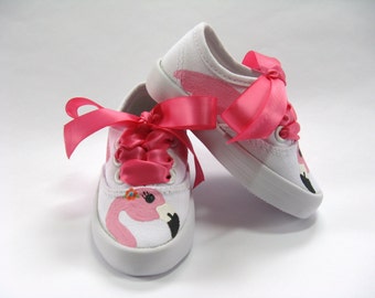 Pink Flamingo Shoes, Hand Painted White Sneakers ForBaby or Toddler