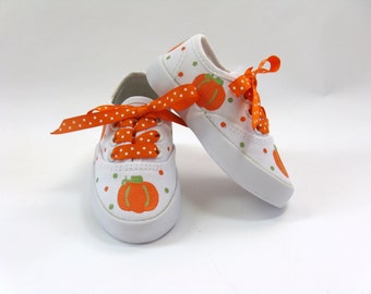 Orange Pumpkin Shoes, Thanksgiving Sneakers Hand Painted for Baby or Toddler