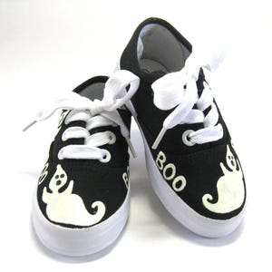 Boys Halloween Ghost Shoes, Hand Painted Black Sneakers For Toddlers
