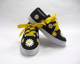 Daisy Shoes, Hand Painted Flowers on Black Sneakers for Toddlers