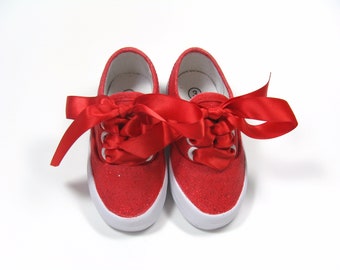 Red Glitter Shoes, Hand Painted Sparkled Sneakers for Toddlers