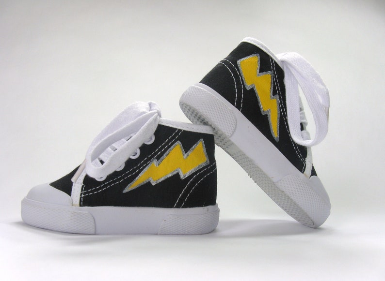 Hero Shoes with Lightning Bolt, Hand Painted Black Hi Top Baby Sneakers image 4