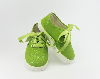 Avocado Green Glitter Shoes, Hand Painted Sneakers for Baby or Toddler Size 4