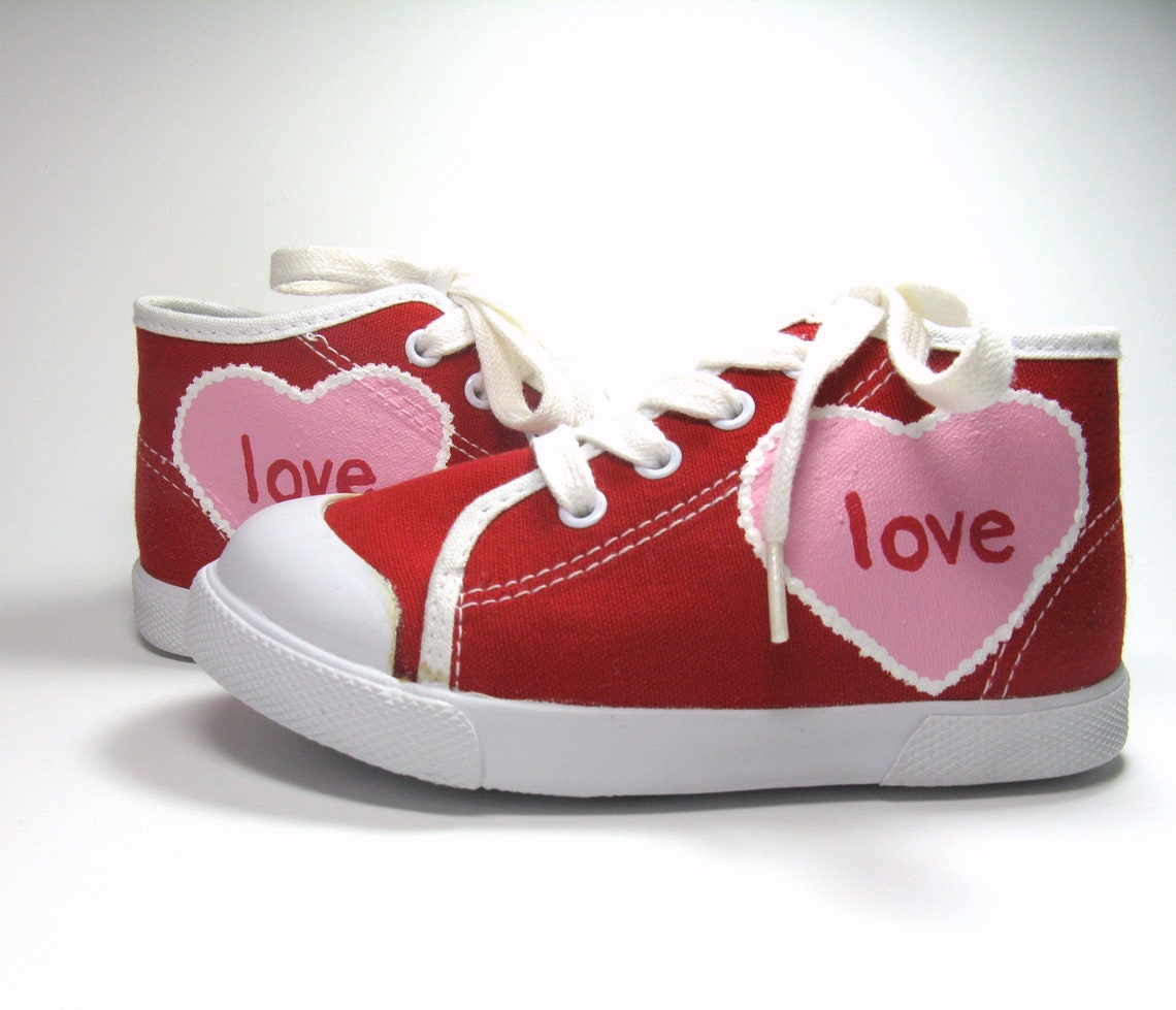 Valentine Shoes Pink Hearts on Red Hi Top Sneakers Hand Etsy