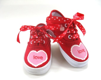 Valentine's Day Shoes, Pink Hearts on Red Sneakers  Hand Painted  For Toddlers