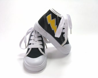 Hero Shoes with Lightning Bolt, Hand Painted Black Hi Top Baby Sneakers