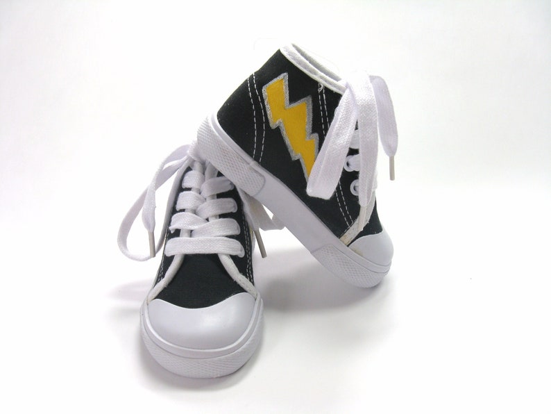 Hero Shoes with Lightning Bolt, Hand Painted Black Hi Top Baby Sneakers image 1