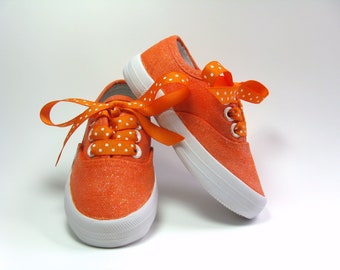 Orange Glitter Shoes, Sparkled Sneakers Hand Painted for Babies