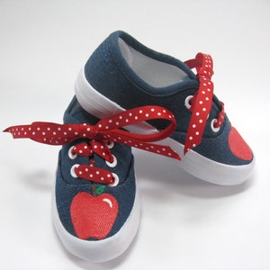 Red Apple Shoes, Hand Painted Blue Denim Sneakers for Toddlers image 5