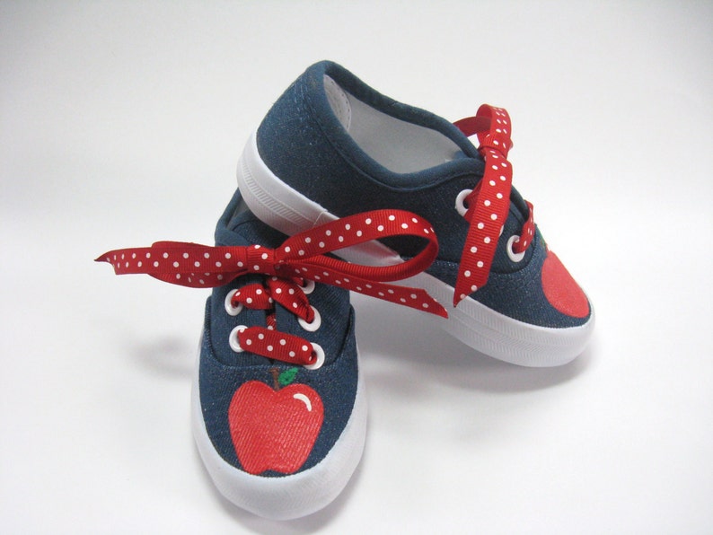 Red Apple Shoes, Hand Painted Blue Denim Sneakers for Toddlers image 5