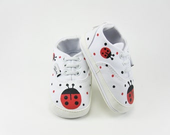 Ladybug Crib Shoes, Hand Painted White Slip Ons for Infants or Babies