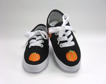 Pumpkin Shoes, Thanksgiving Black  Sneakers Hand Painted for Baby or Toddler