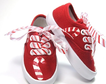 Candy Cane Shoes, Christmas Red Sneakers Hand Painted for Toddlers