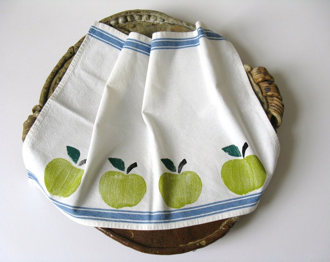 Green Apple Tea Towel Hand Stamped Kitchen Cotton Dish Etsy