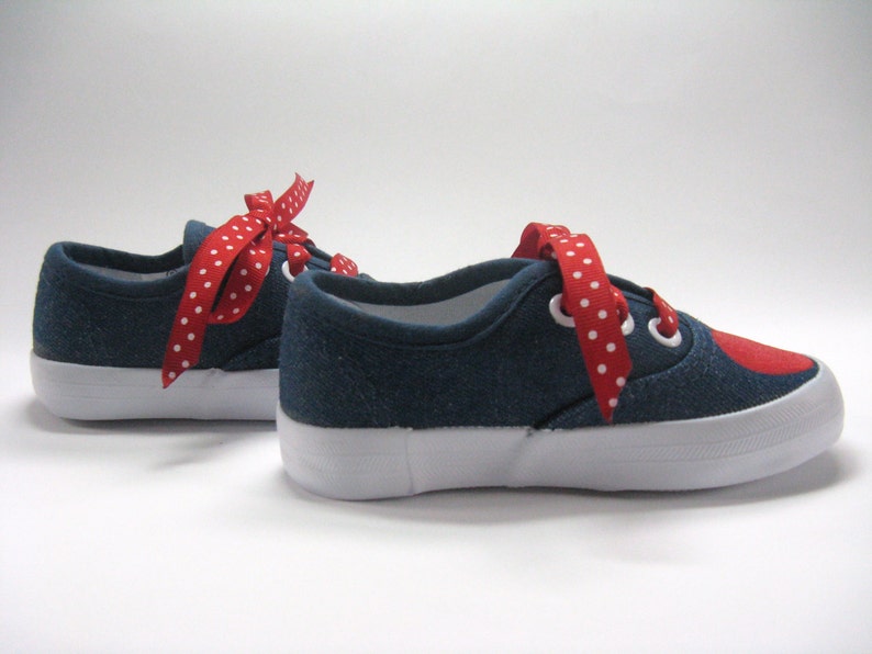 Red Apple Shoes, Hand Painted Blue Denim Sneakers for Toddlers image 8