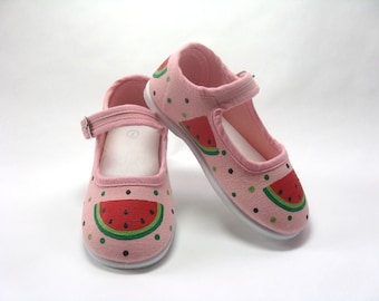 Watermelon Shoes, Pink Mary Jane's Hand Painted for Babies and Toddlers