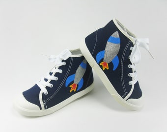 Spaceship Shoes, Hand Painted  Blue Hi Tops for Toddlers Size 8