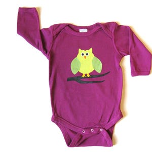 Owl Bodysuit, Hand Dyed and Hand Painted Baby One Piece