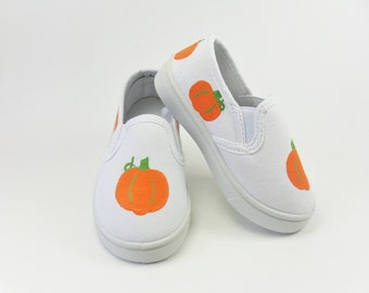 Pumpkin Slip On Shoes, Thanksgiving Hand Painted White Toddler Sneakers