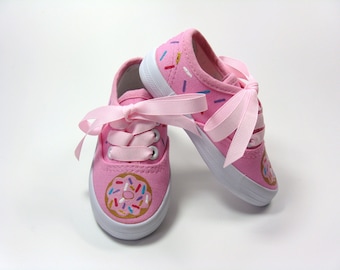 Donut Shoes, Hand Painted Doughnut Pink Canvas Sneakers for Babies and Toddlers