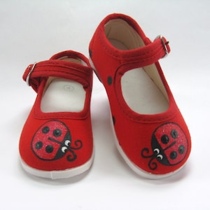 Ladybug Shoes, Red Mary Jane's  Hand Painted for Baby and Toddler.